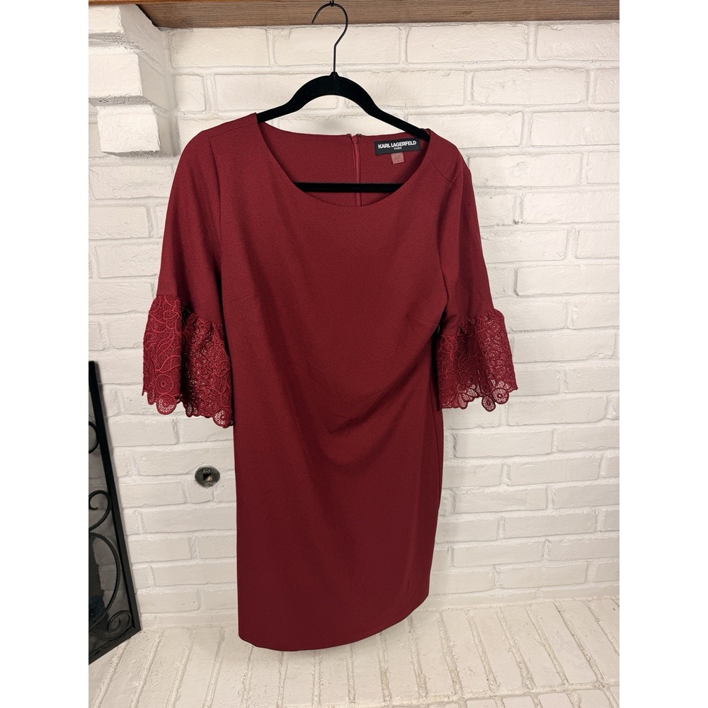 Karl Lagerfeld Lace Embroidered Dress Womens 8 Burgundy Knee Length 3/4 Sleeve